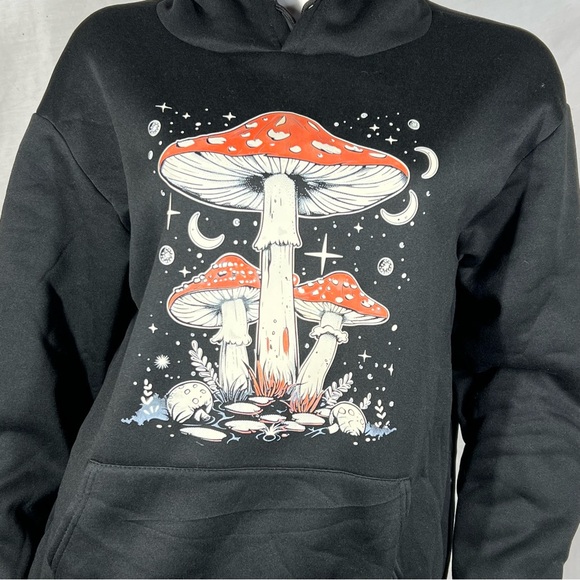 Black Fleece Lined Pullover Hoodie Sweatshirt Mushroom and Moon Designs - Picture 6 of 7